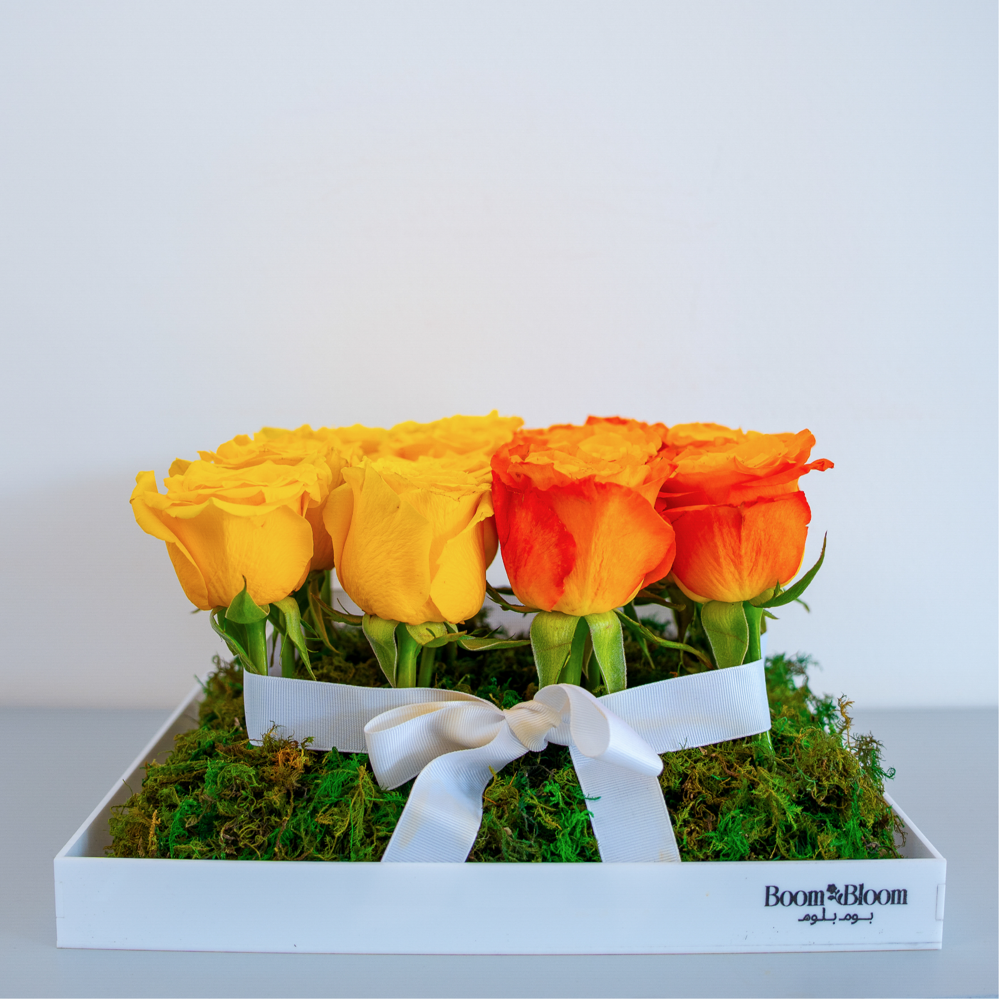 Sunset Glow – Yellow & Orange Roses in Acrylic Box