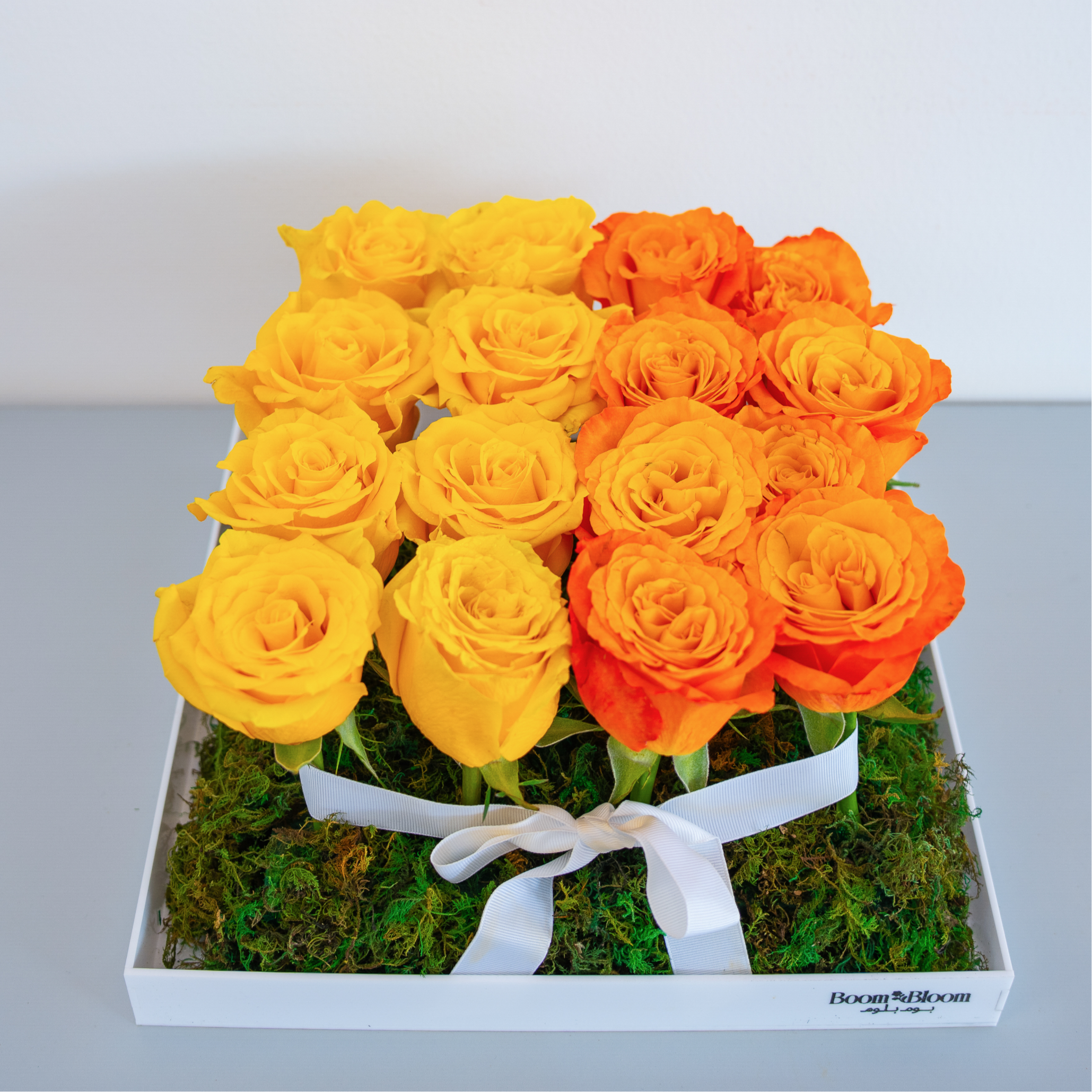 Sunset Glow – Yellow & Orange Roses in Acrylic Box