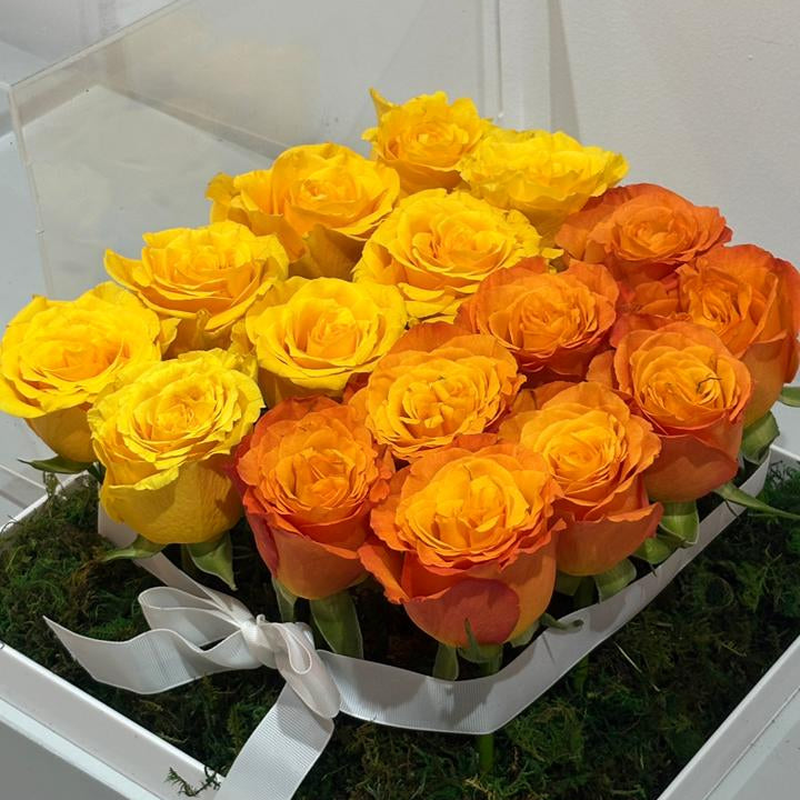 Sunset Glow – Yellow & Orange Roses in Acrylic Box