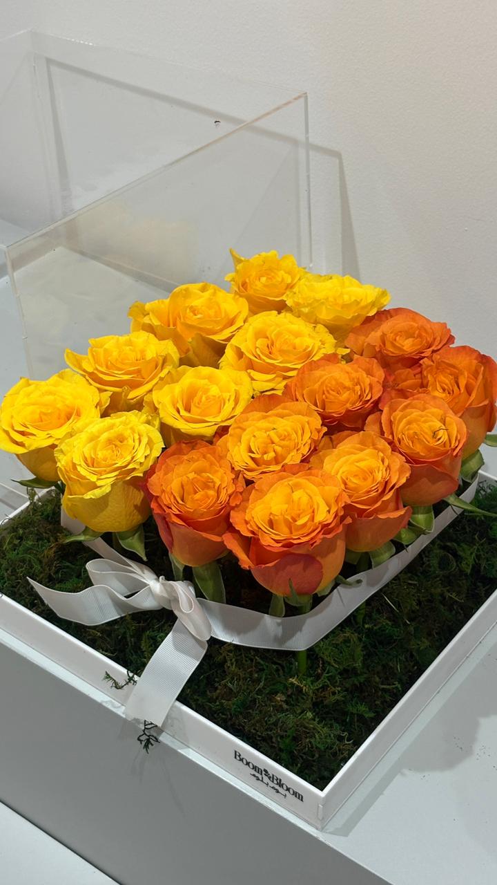 Sunset Glow – Yellow & Orange Roses in Acrylic Box
